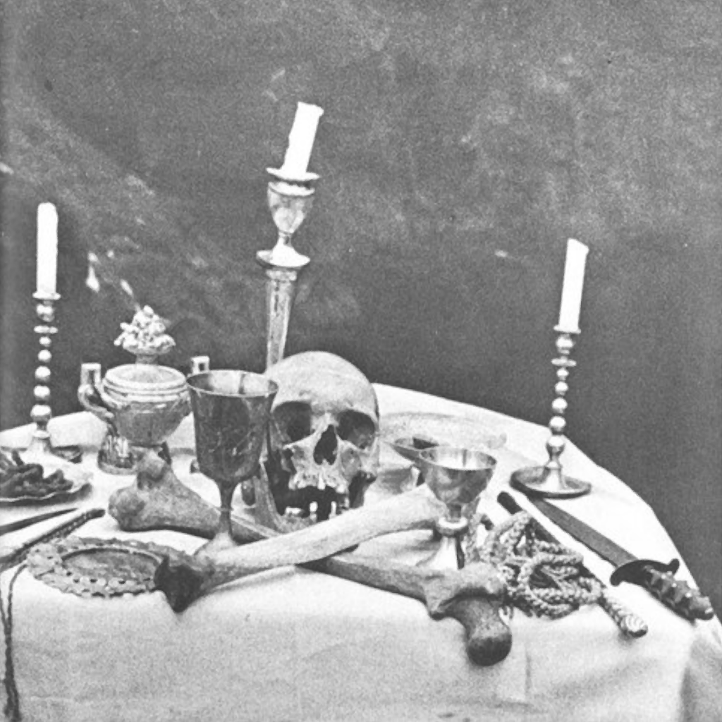 skull and ritual tools on altar